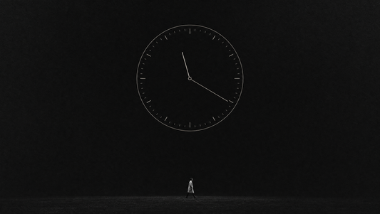 Gran reloj analógico minimalista sobre un caminante diminuto, representando el tiempo que se tarda en hacer 10.000 pasos.