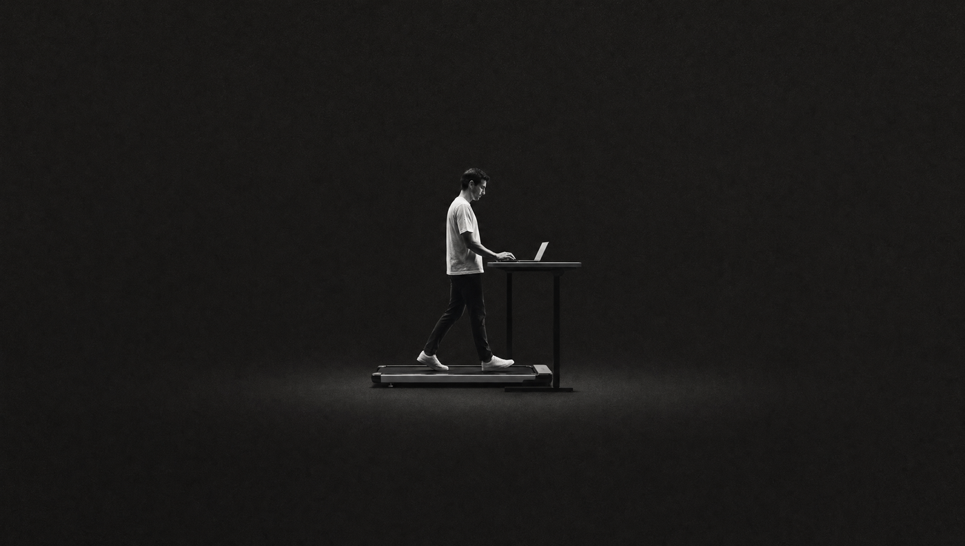 Persona caminando sobre una cinta de andar bajo un escritorio con portátil, en blanco y negro sobre fondo oscuro, teletrabajo activo.