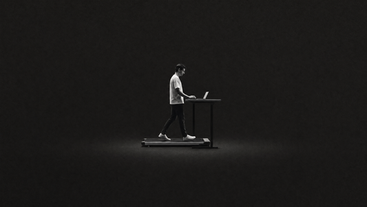 Persona caminando sobre una cinta de andar bajo un escritorio con portátil, en blanco y negro sobre fondo oscuro, teletrabajo activo.