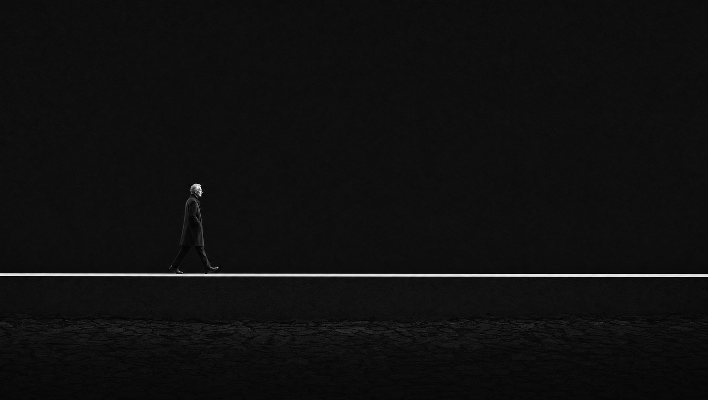 Persona mayor caminando serena sobre una superficie plana iluminada en un espacio oscuro, ilustración editorial monocroma.