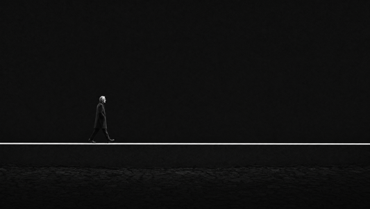 Persona mayor caminando serena sobre una superficie plana iluminada en un espacio oscuro, ilustración editorial monocroma.