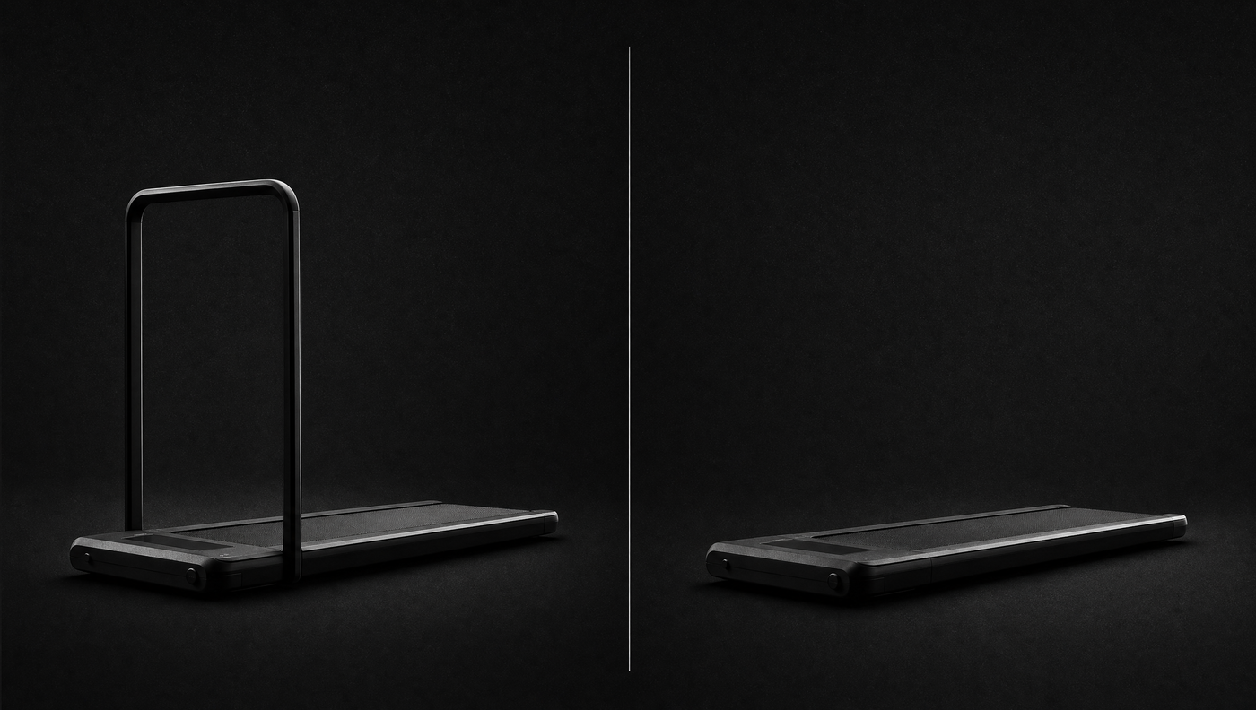 Comparativa monocroma: a la izquierda una cinta con barra vertical, a la derecha un walking pad totalmente plano.